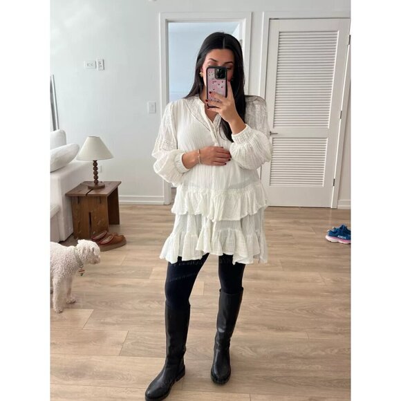 FREE PEOPLE Sachi Long Sleeve Ruffle Minidress in Ivory Size Small - Picture 4 of 16